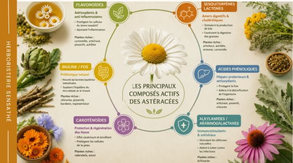 Infographie présentant les principaux composés actifs des plantes Astéracées et leurs propriétés en phytothérapie  flavonoïdes, inuline, caroténoïdes et sesquiterpènes lactones. - Herboristerie Sensathé